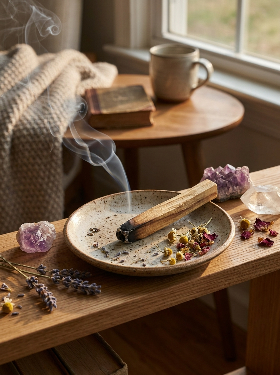 A smoking palo santo stick on a ceramic dish beside raw crystals