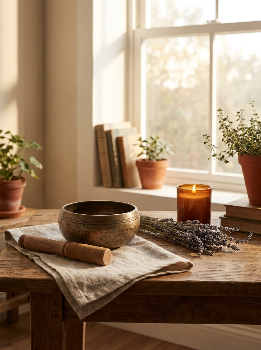 A singing bowl with a wooden mallet beside a candle and dried lavender