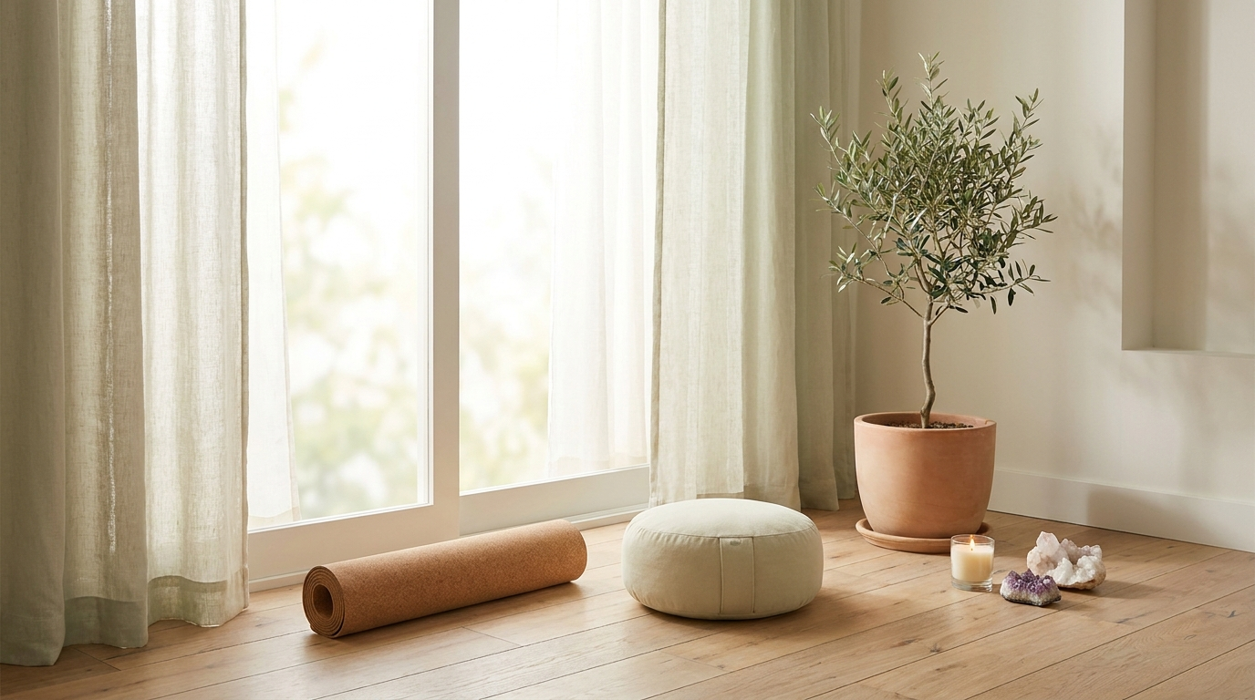 Yoga props and a cushion in a serene home corner