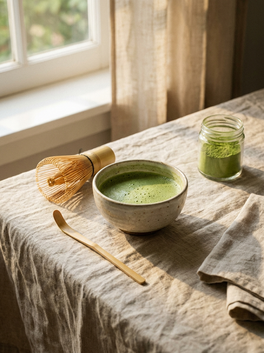 A matcha ritual with a bamboo whisk and bowl in warm morning light