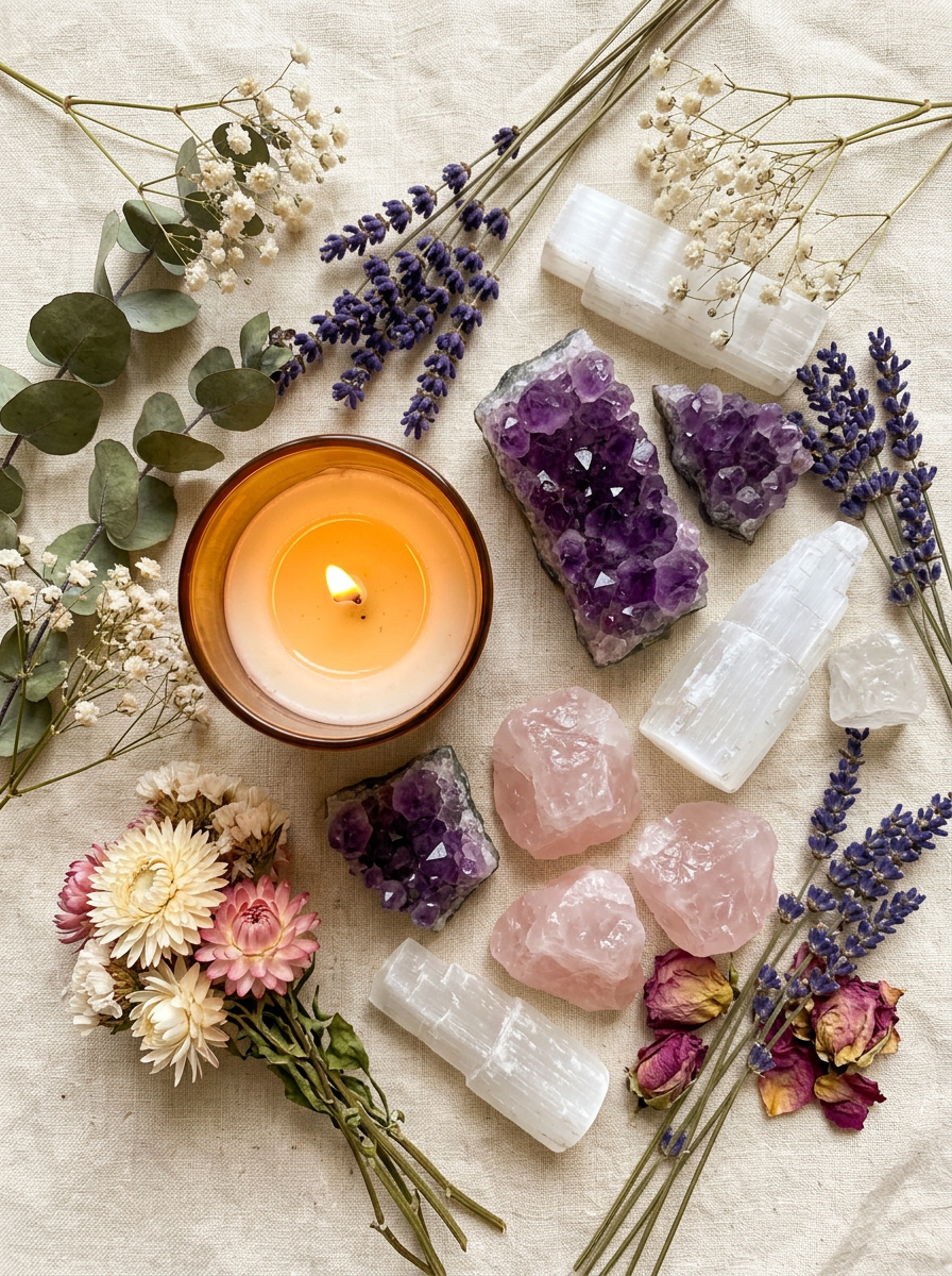 Crystals and cleansing tools arranged on a linen surface