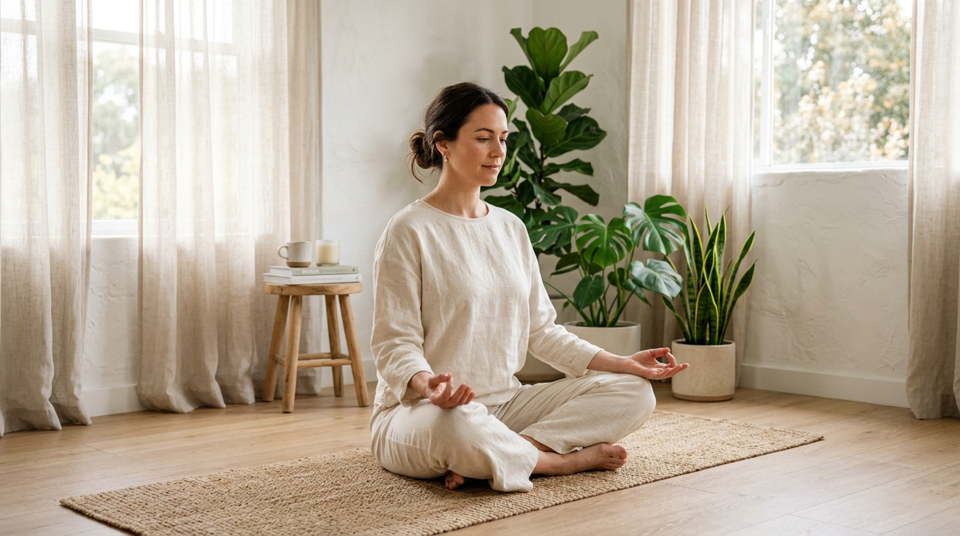 A woman practising gently on a mat in a calm, sunlit room