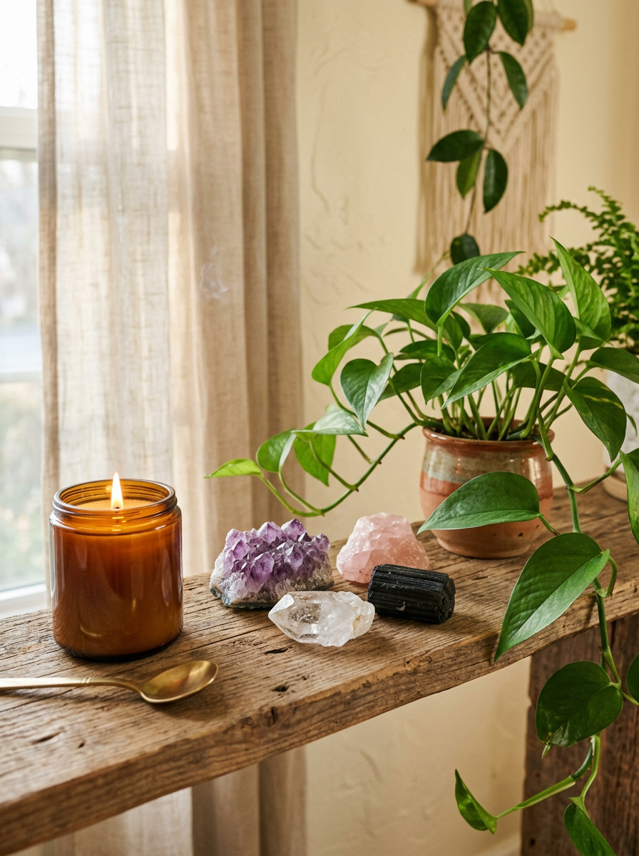 A curated arrangement of raw crystals on a wooden shelf beside a candle and plant