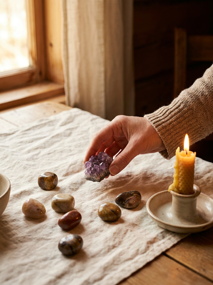 A hand gently holding a raw amethyst crystal over cream linen beside a candle