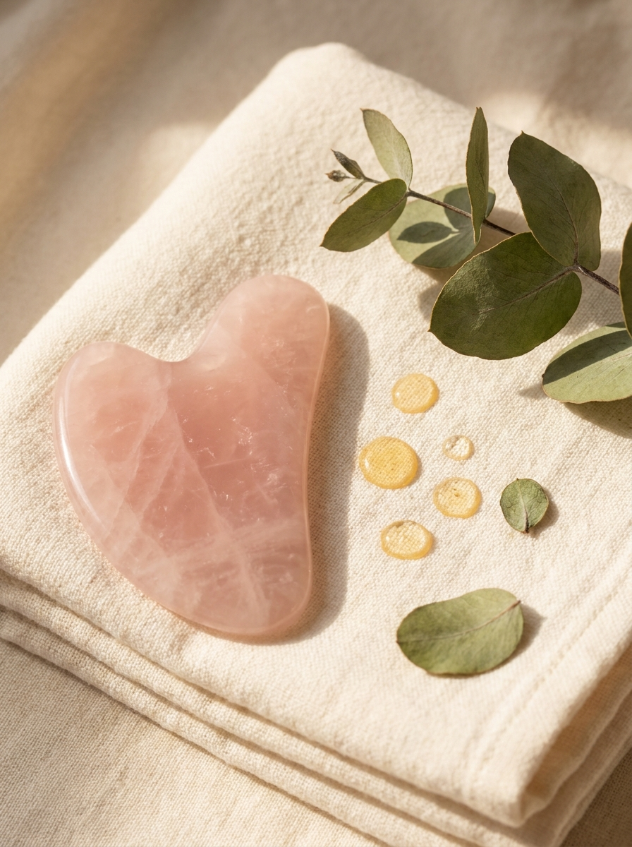 A single rose quartz gua sha stone resting on a folded towel with facial oil