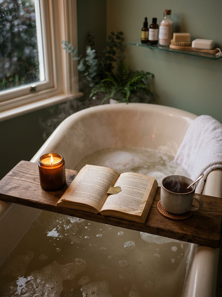 A wooden bath tray across a tub with a candle, a book and a cup of tea