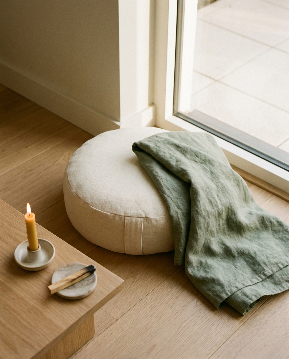 Ritual corner with meditation cushion and candle