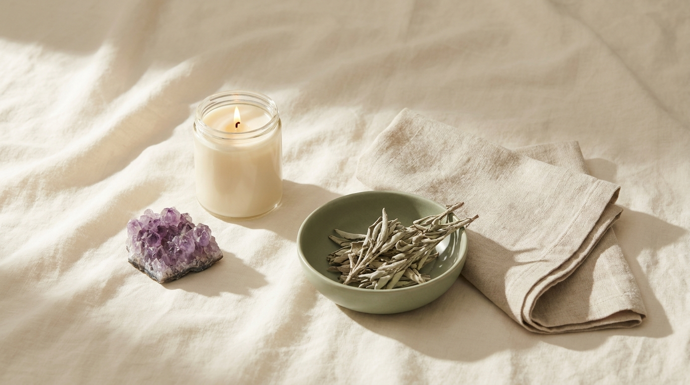 House of Yoha — candle, amethyst and sage ritual flat lay