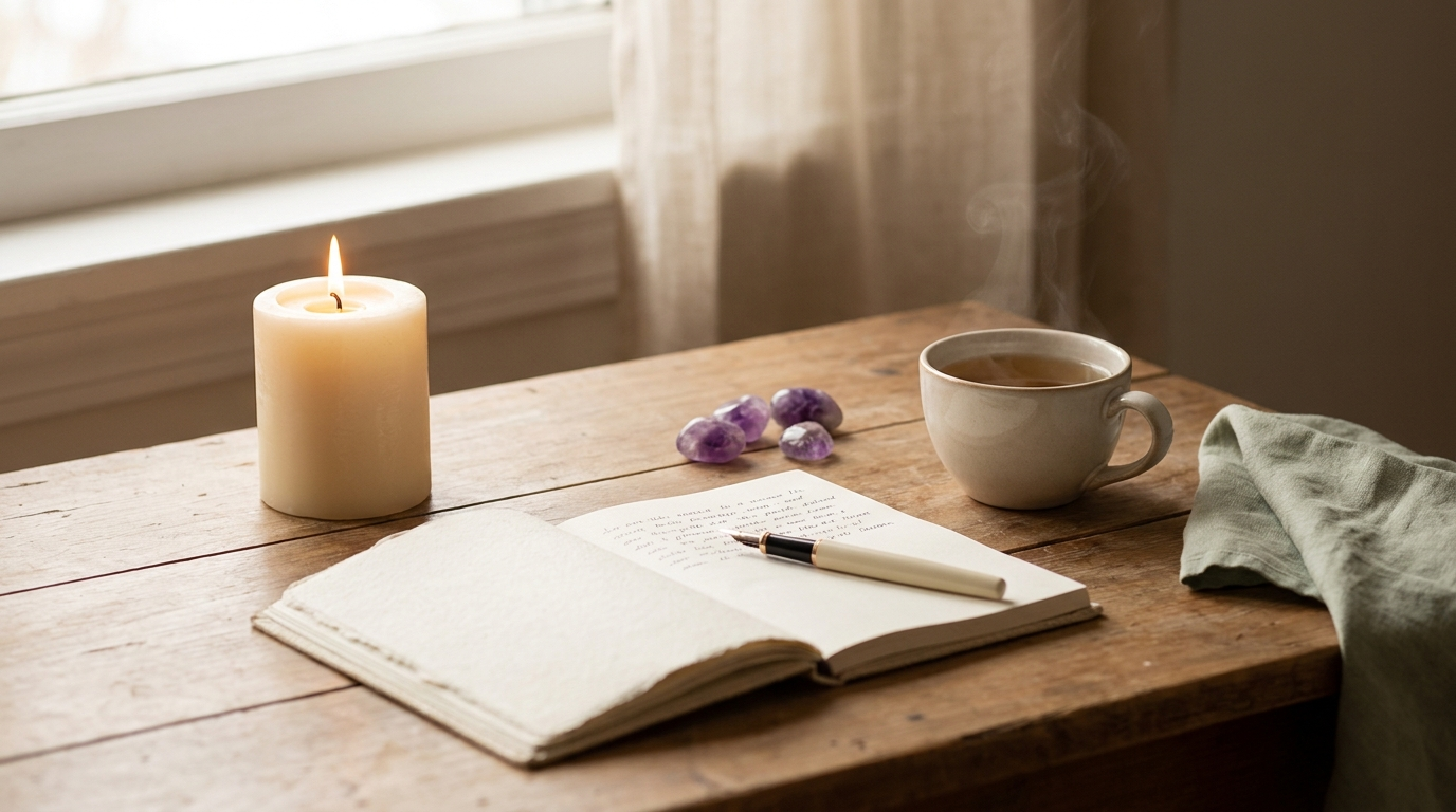 House of Yoha — candle, journal and amethyst desk flat lay