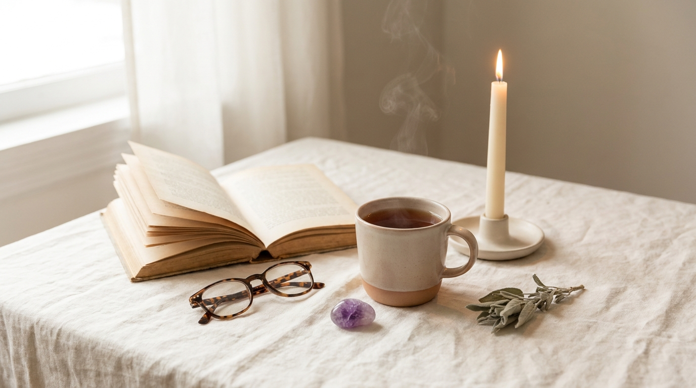 House of Yoha — book, candle and amethyst flat lay