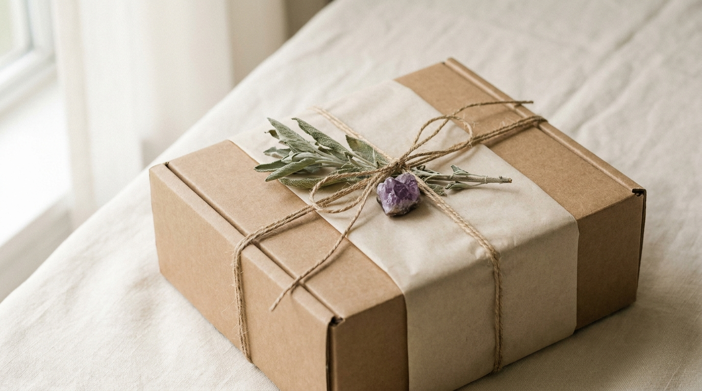 House of Yoha — carefully wrapped shipping box with sage and amethyst