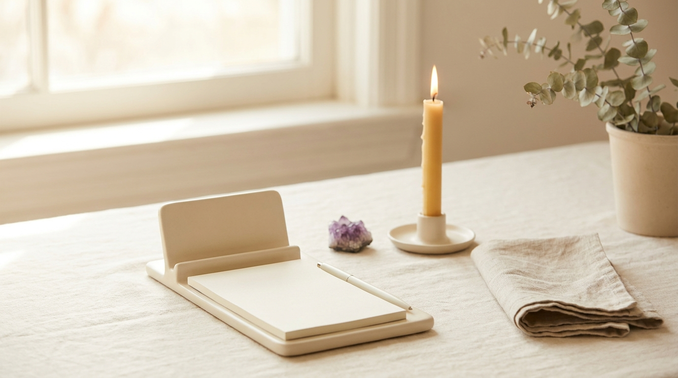 House of Yoha — candle, notepad and amethyst desk flat lay