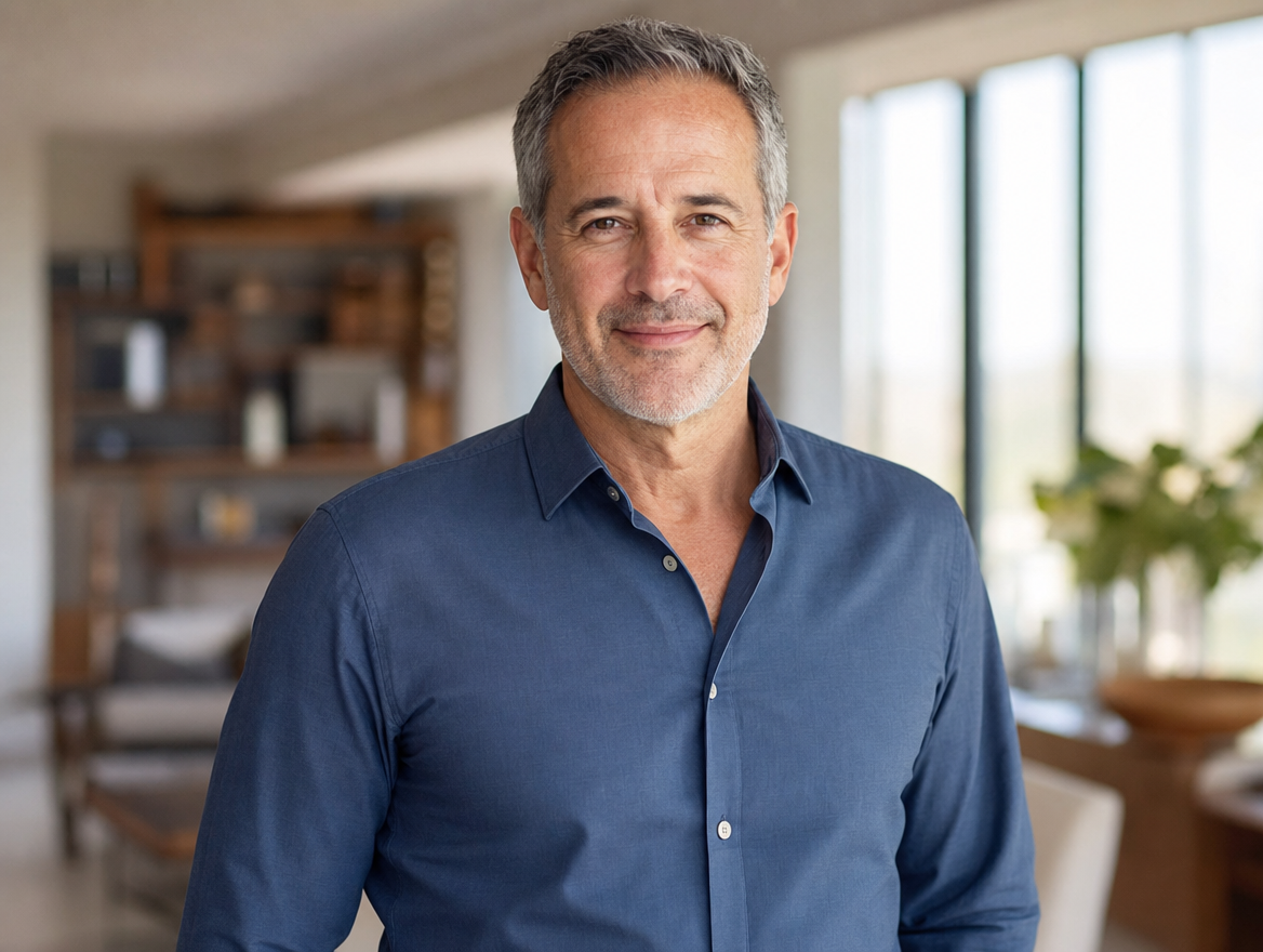 Confident American man in his late 50s looking sharp in a well-fitted shirt