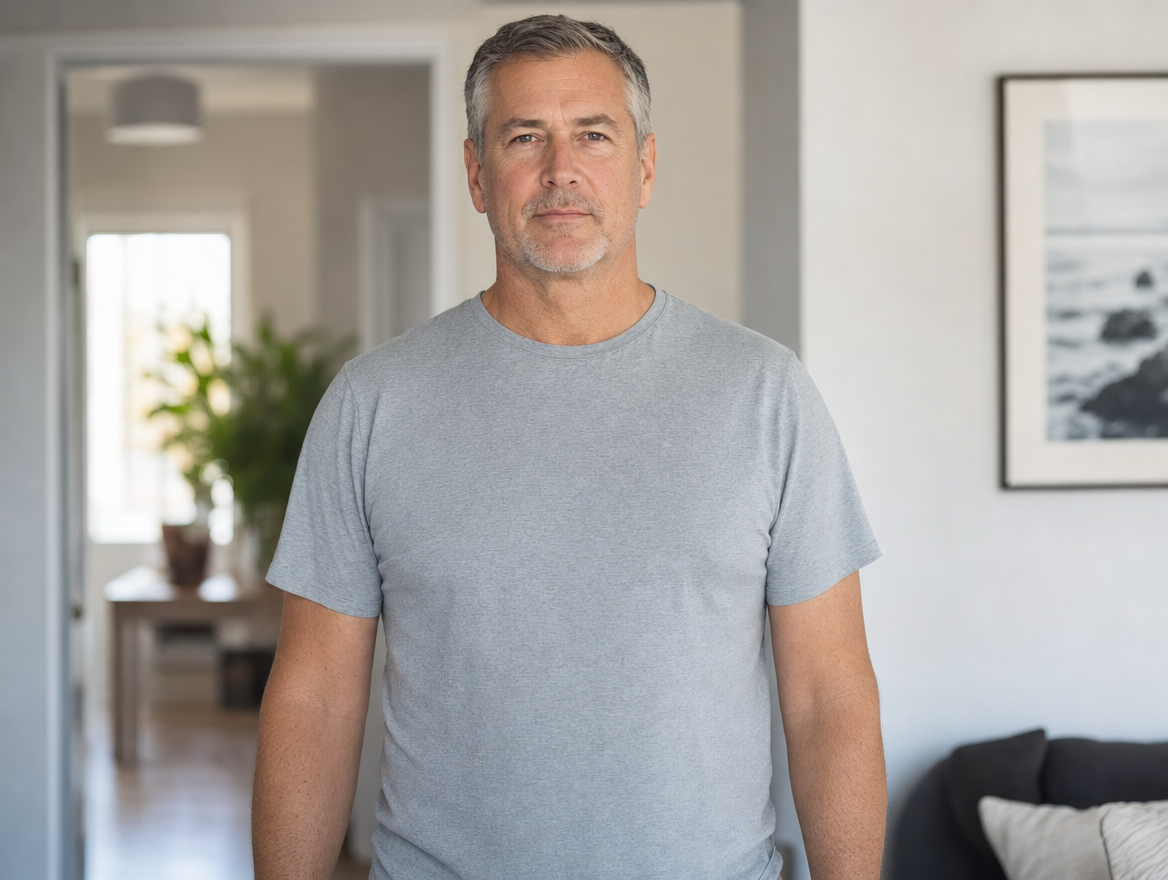 Man in a plain t-shirt with a flat, firm chest