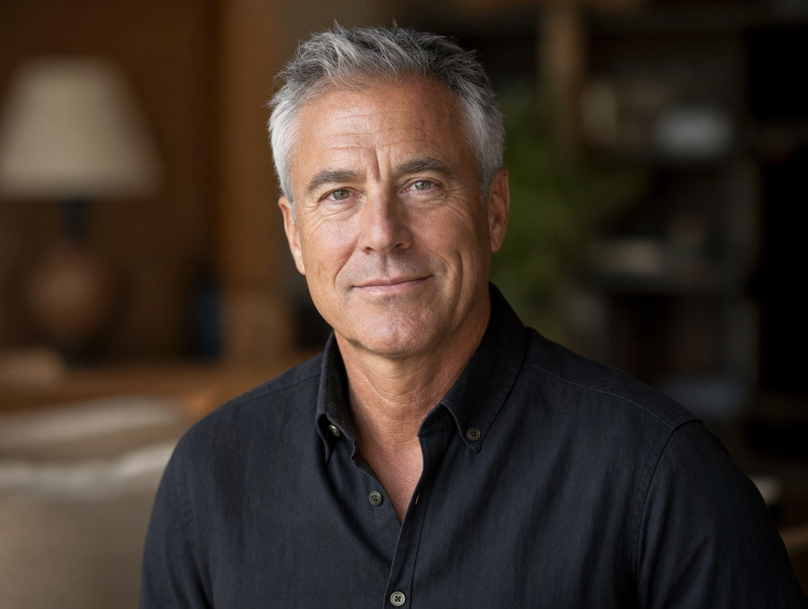 Dignified, confident American man in his early sixties looking sharp in a fitted shirt