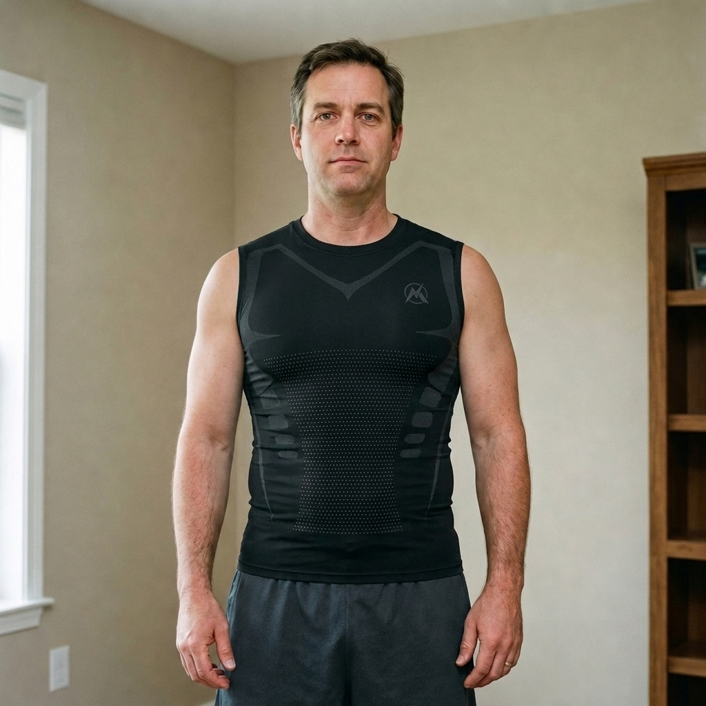 Same man after putting on the VitaBoost Stealth compression tank, flat firm torso