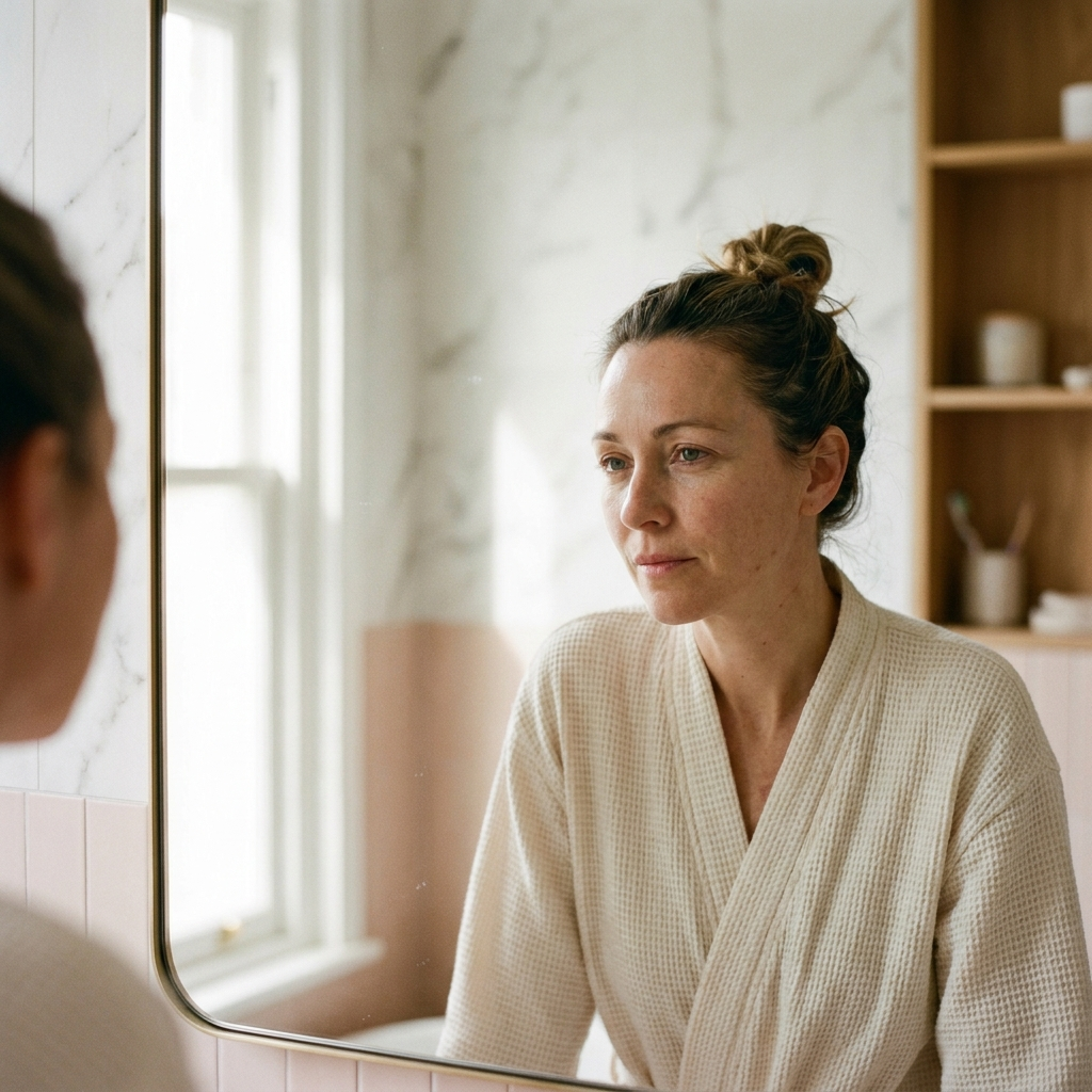 Woman at her mirror in the soft morning light