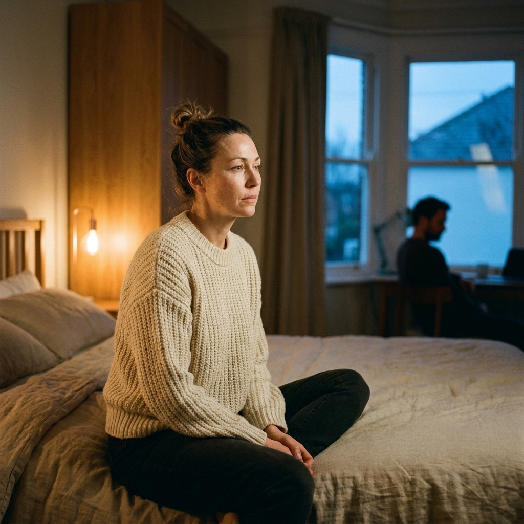 Pensive woman in her bedroom at night, partner in the background