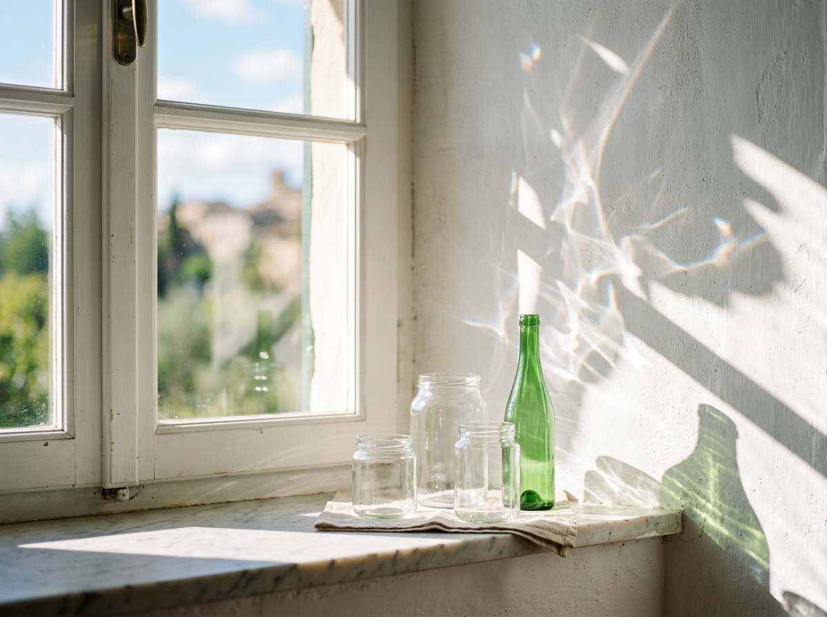 Luce dalla finestra su vasi e bottiglia verde, con riflessi sul muro