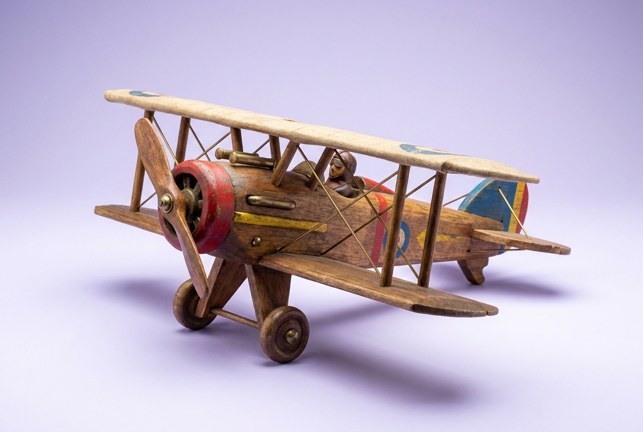 Avião a hélice de madeira de brinquedo