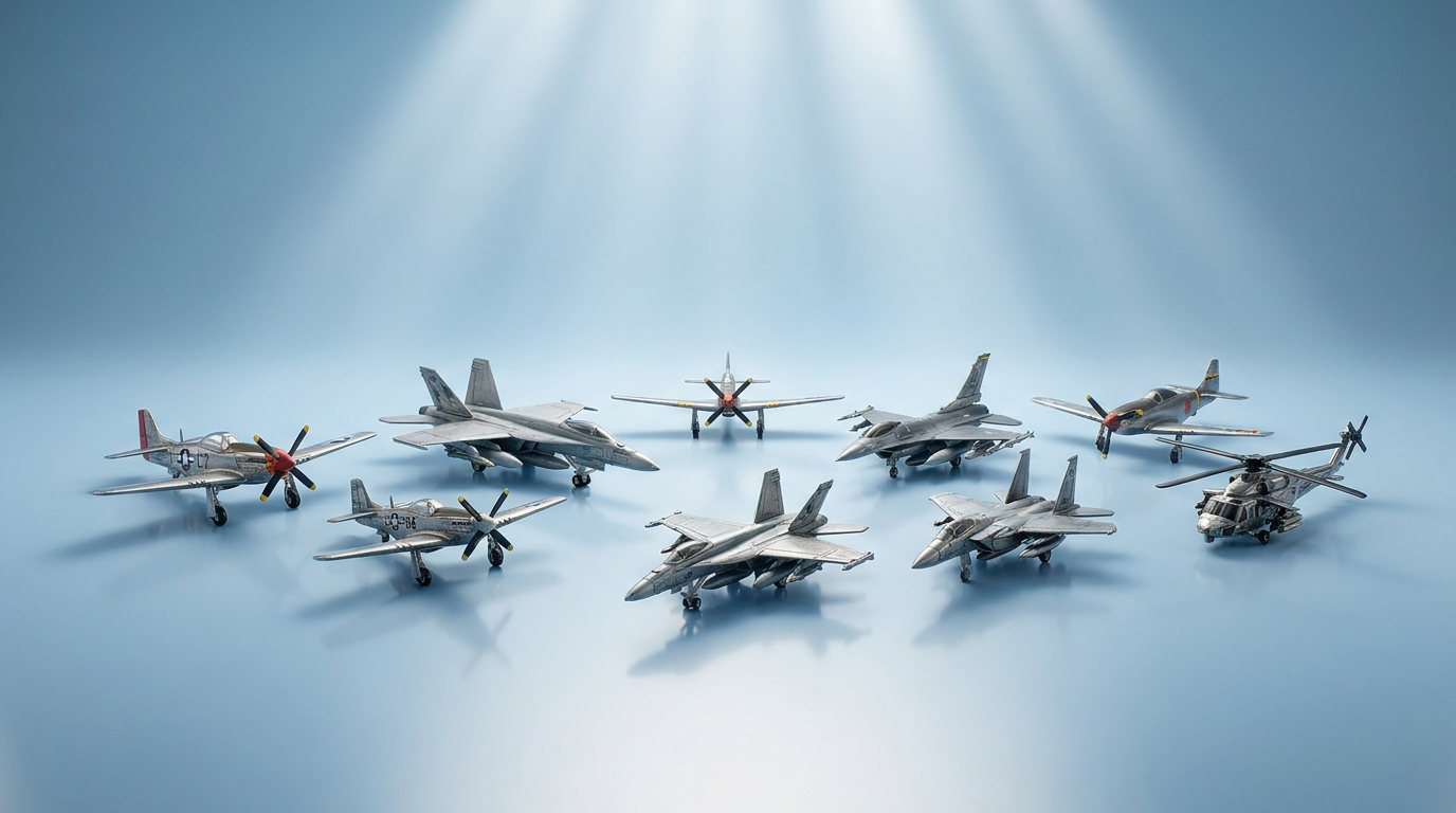 Coleção de aviões e helicópteros de brinquedo fabricados pela AeroToy Brasil