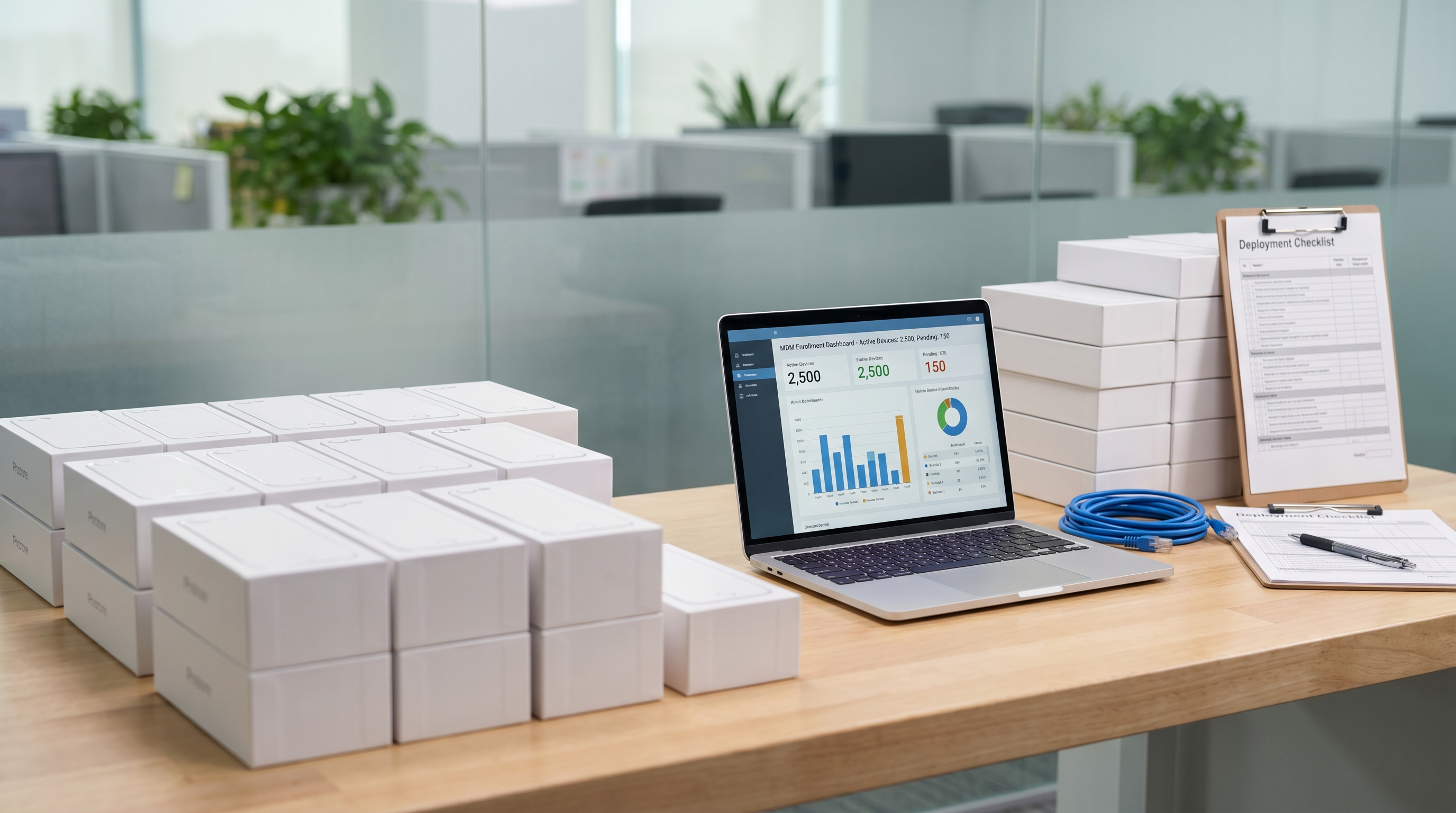 Corporate IT staging room with smartphones and MDM enrollment laptop