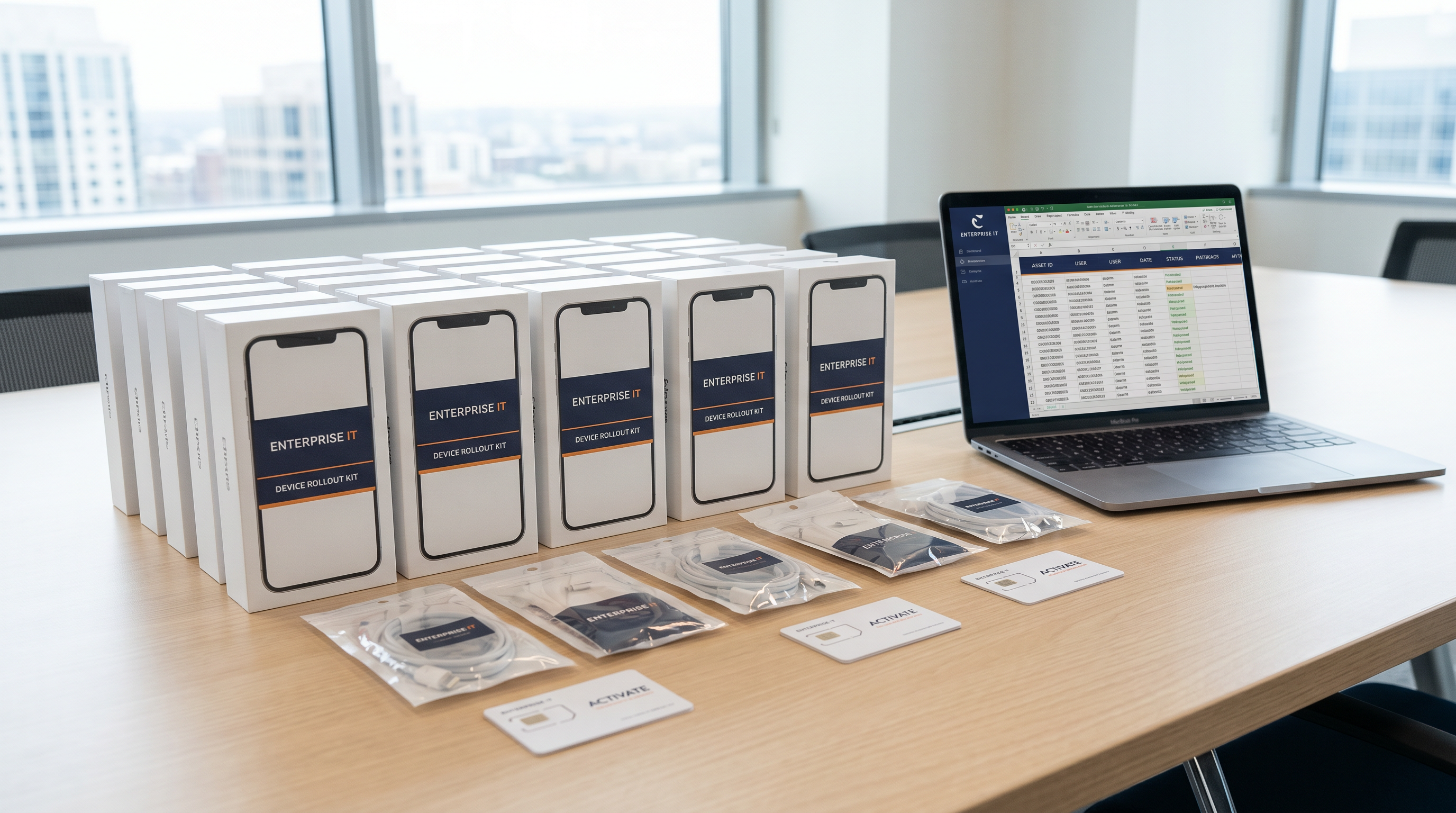 Enterprise IT rollout kit with smartphones, accessories, and tracking laptop