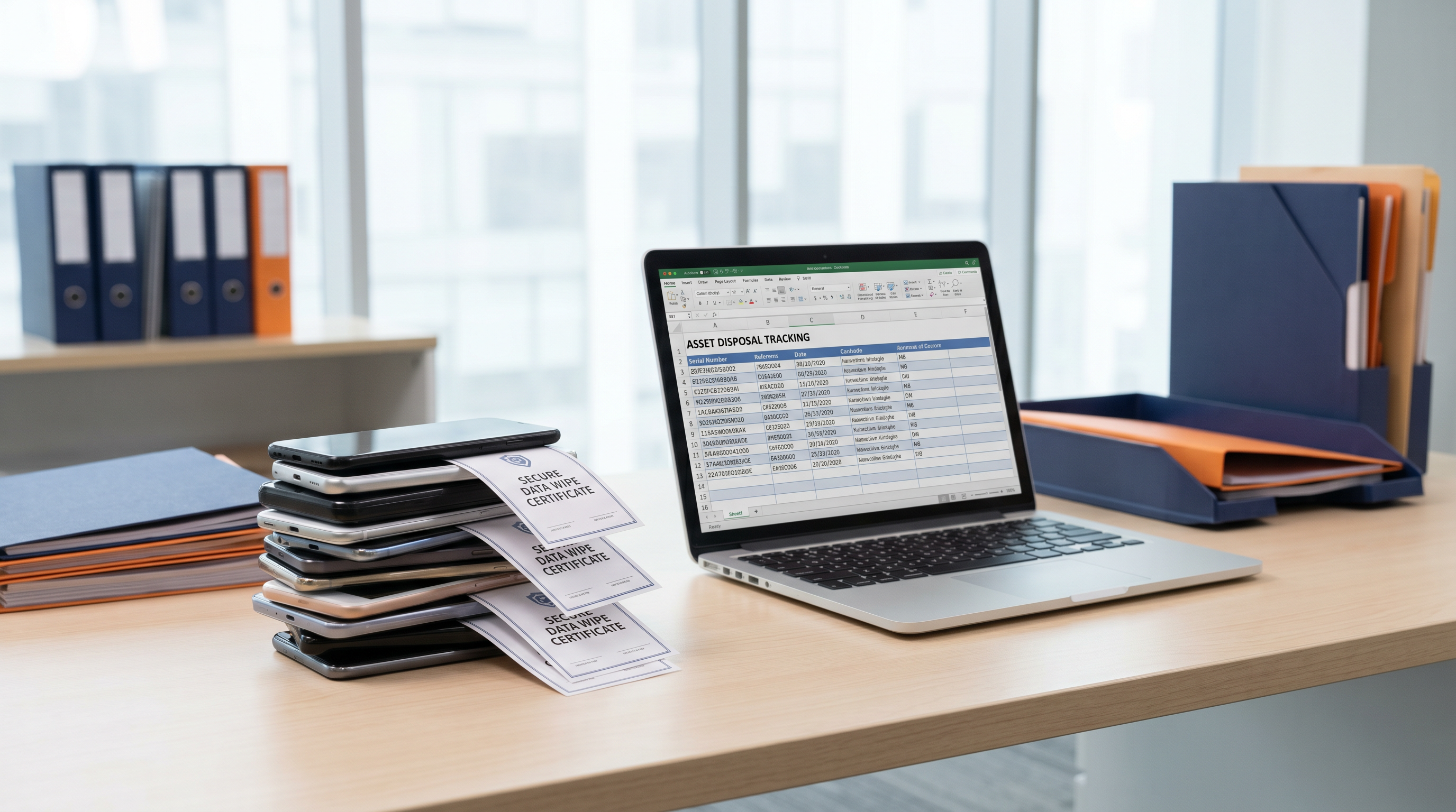 Corporate device buyback workspace with used smartphones and data-wipe certificates