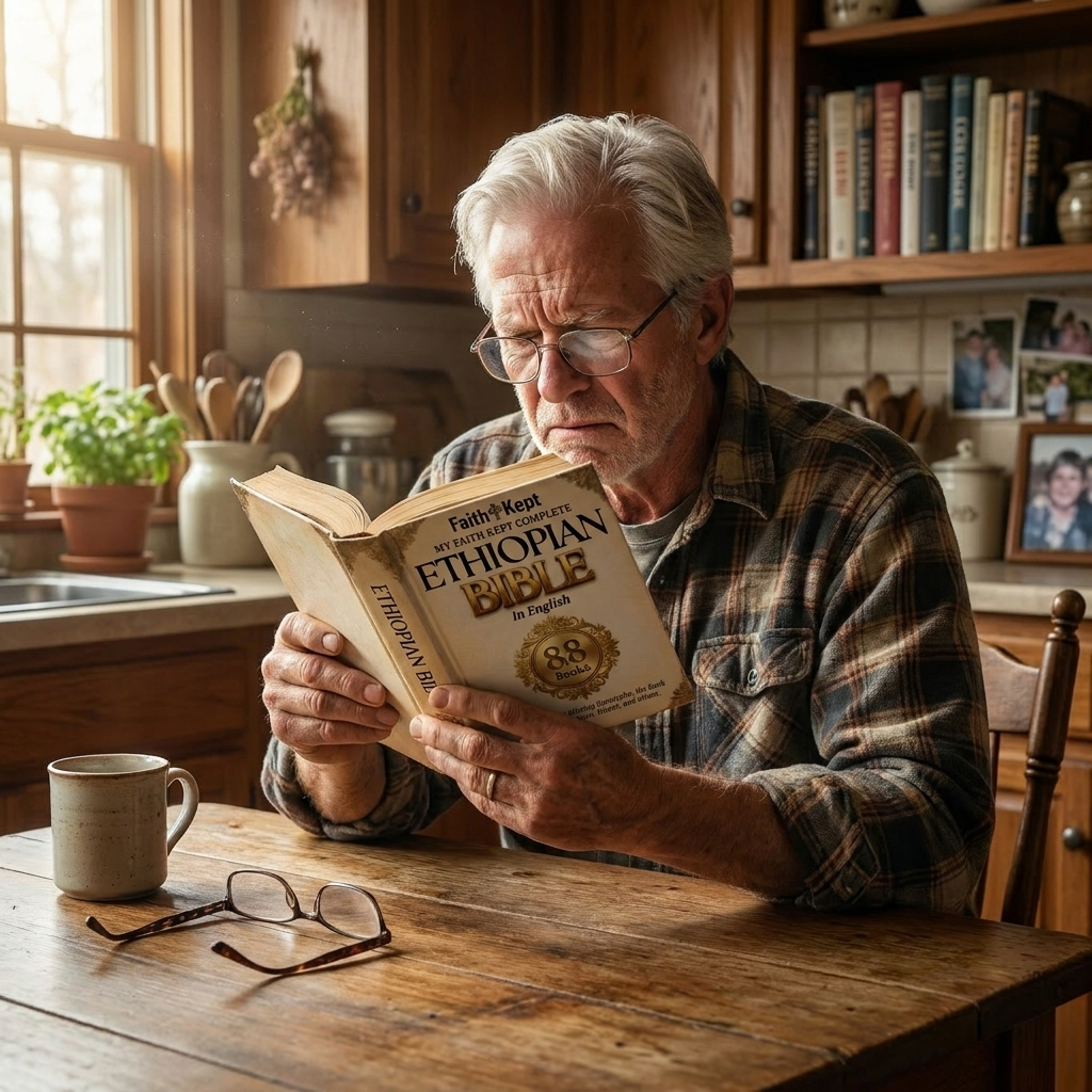 American man struggling to read a tiny-print Ethiopian Bible