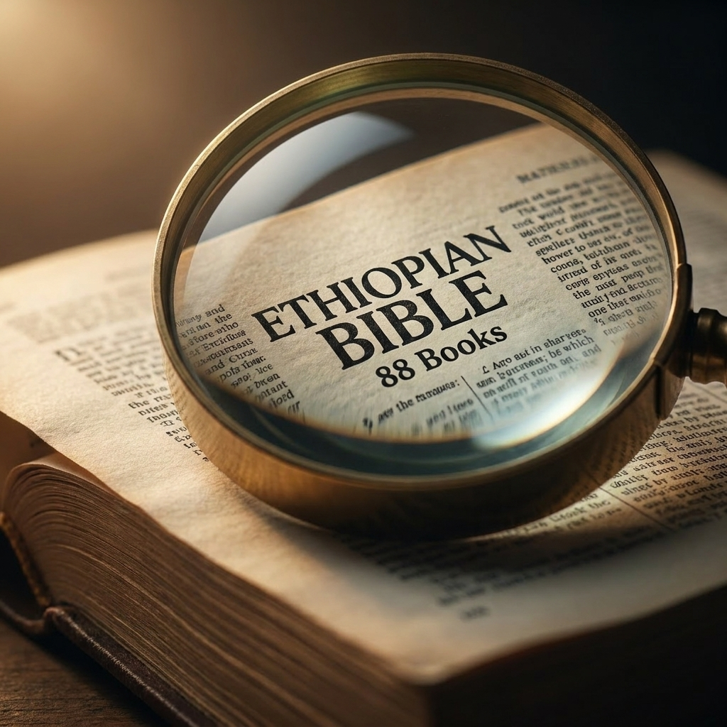 Magnifying glass on tiny Bible text — print-on-demand scam