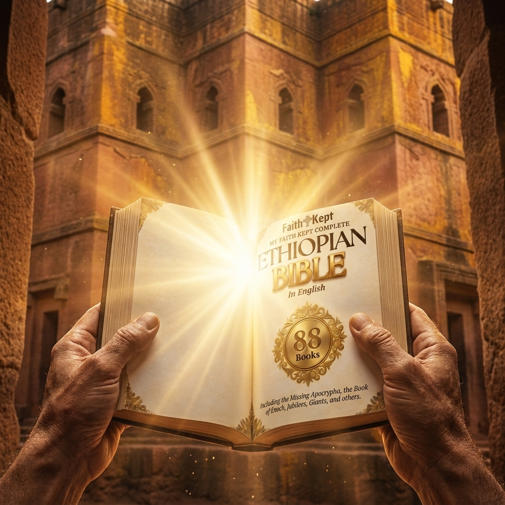 FaithKept Ethiopian Bible in golden light, Lalibela church backdrop