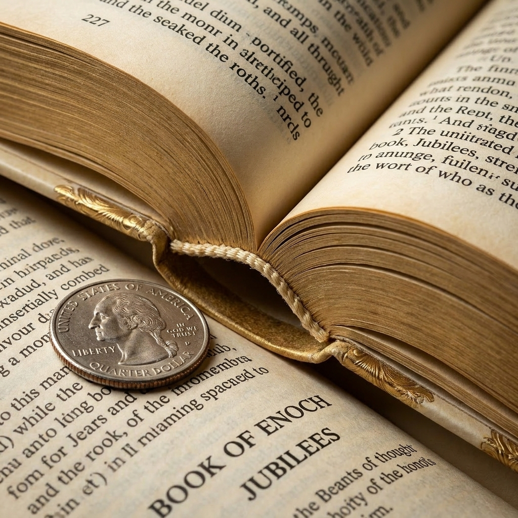 FaithKept Smyth-sewn binding spine close-up, 14pt text with quarter coin for scale