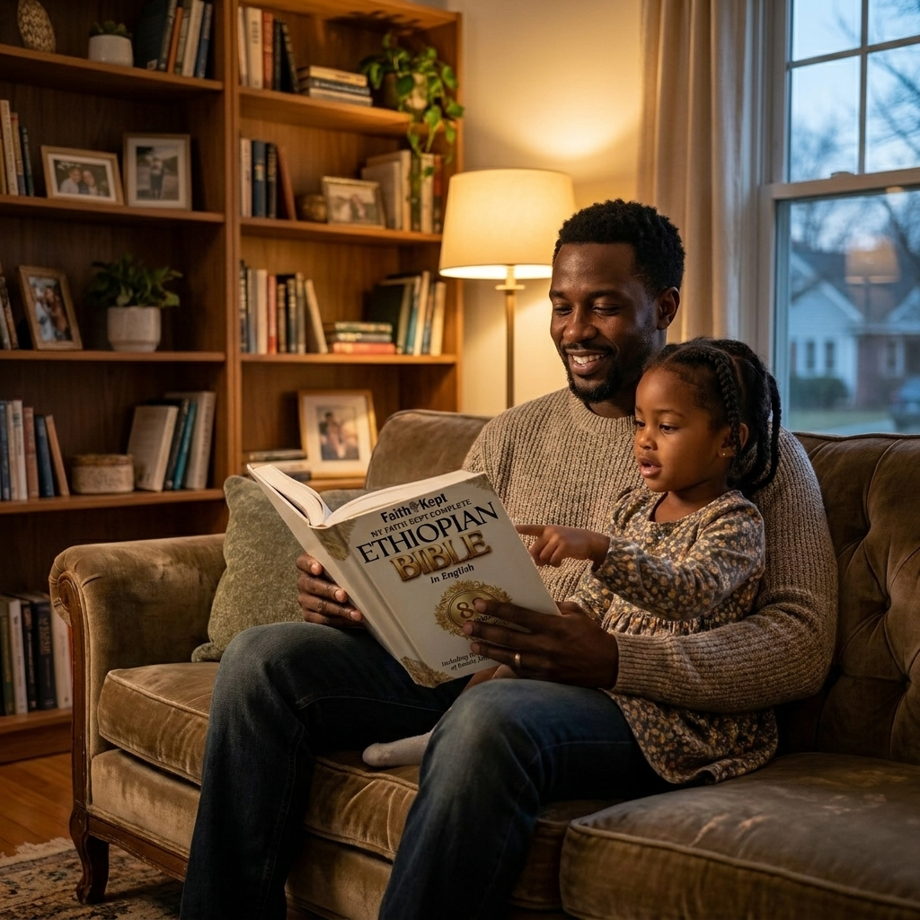 American family reading FaithKept Ethiopian Bible together