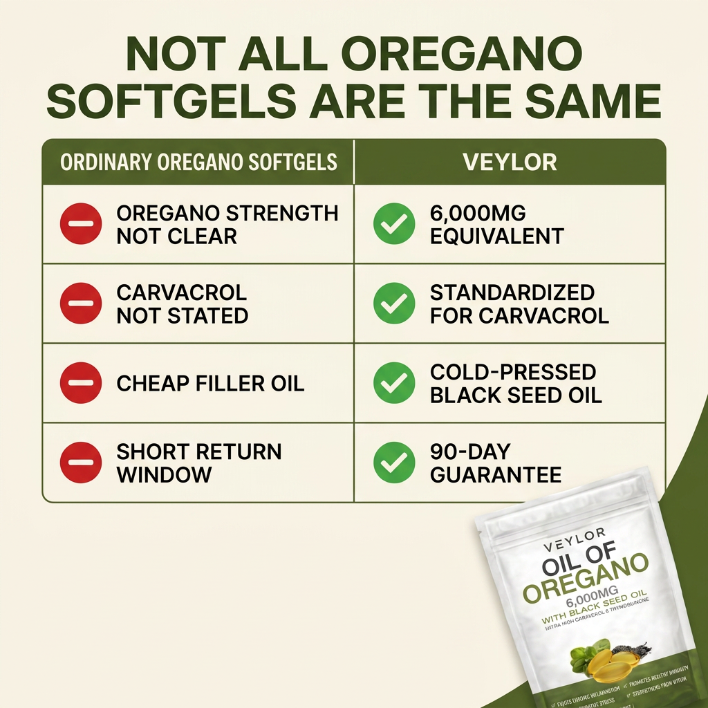 Veylor compared with ordinary oregano softgels