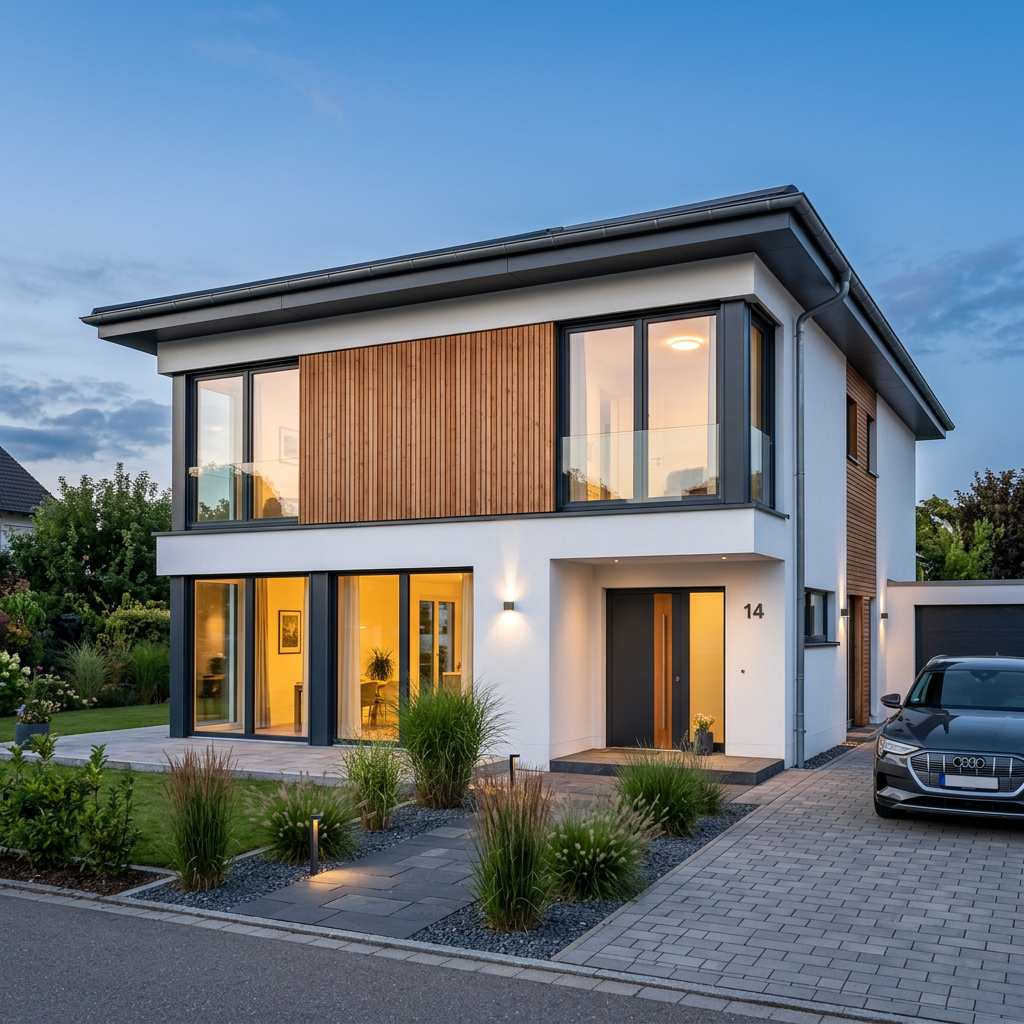 Modernes Neubau-Einfamilienhaus mit Holz- und Putzfassade am Abend
