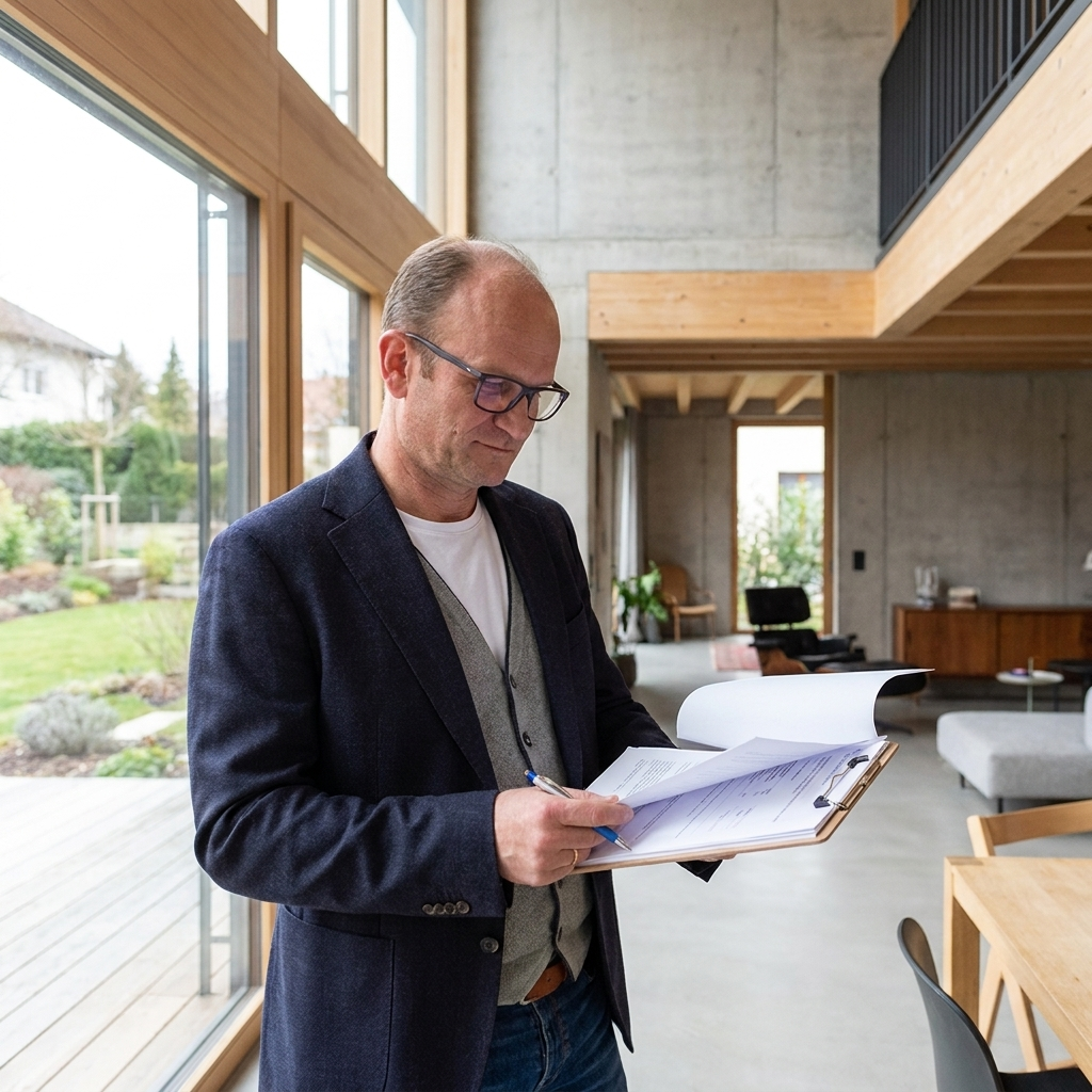 Sachverständiger prüft mit Prüfprotokoll in der Hand ein modernes Wohnhaus