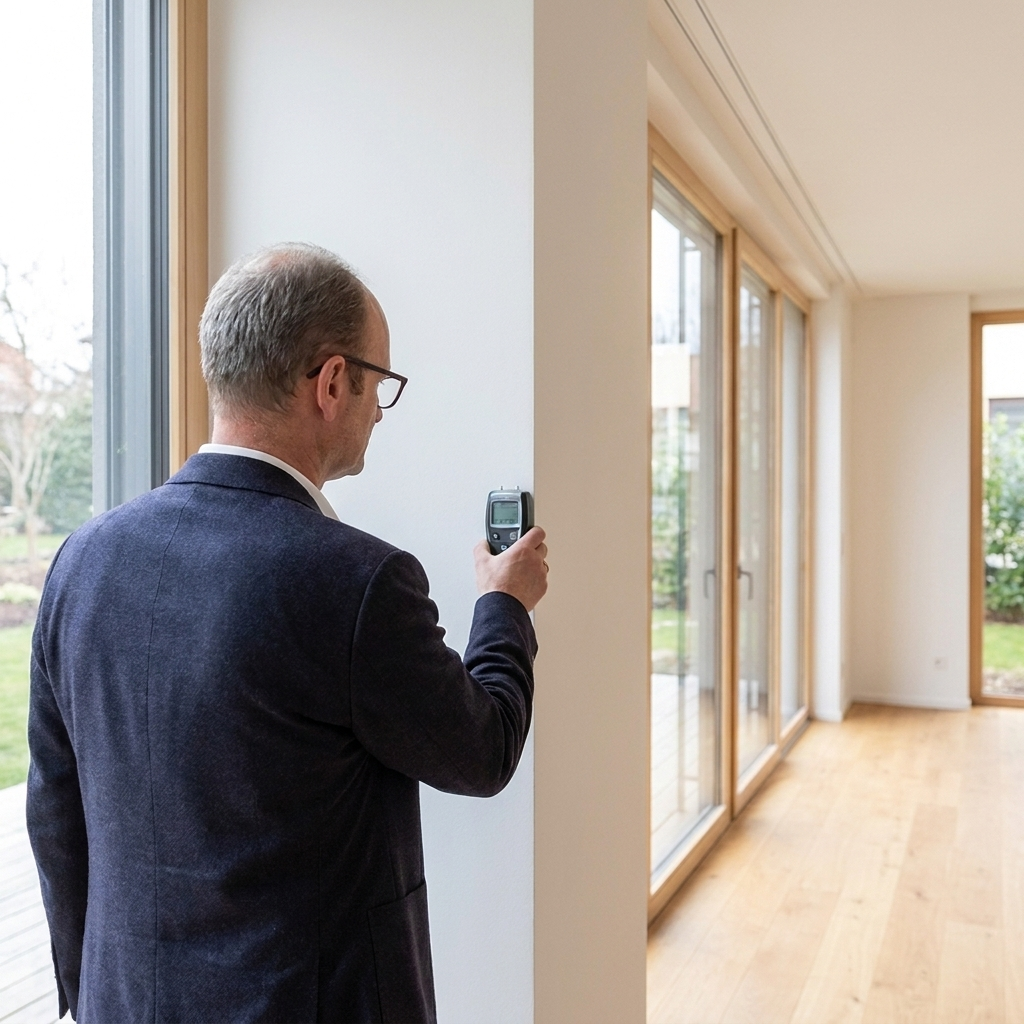 Sachverständiger prüft eine Wand mit dem Feuchtigkeitsmessgerät