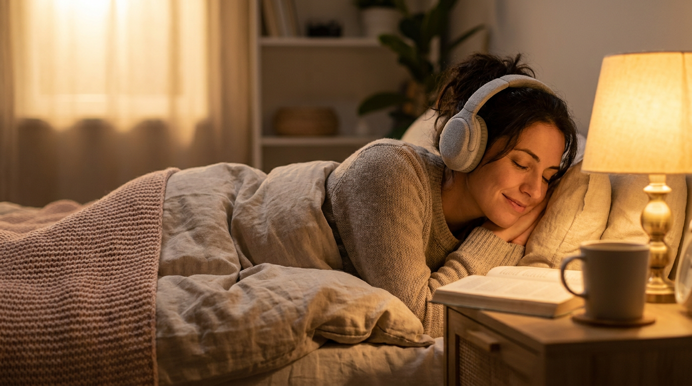 Frau hört entspannt ein personalisiertes Hörbuch im Bett – Emjoy Alternative ohne Abo