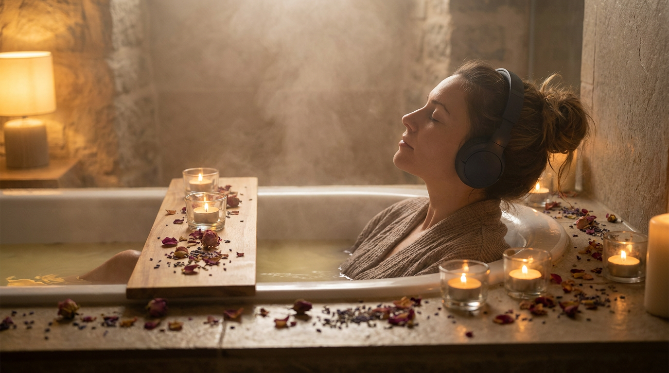 Frau entspannt mit Kopfhörern in der Badewanne – Audio-Wellness statt Emjoy-Abo