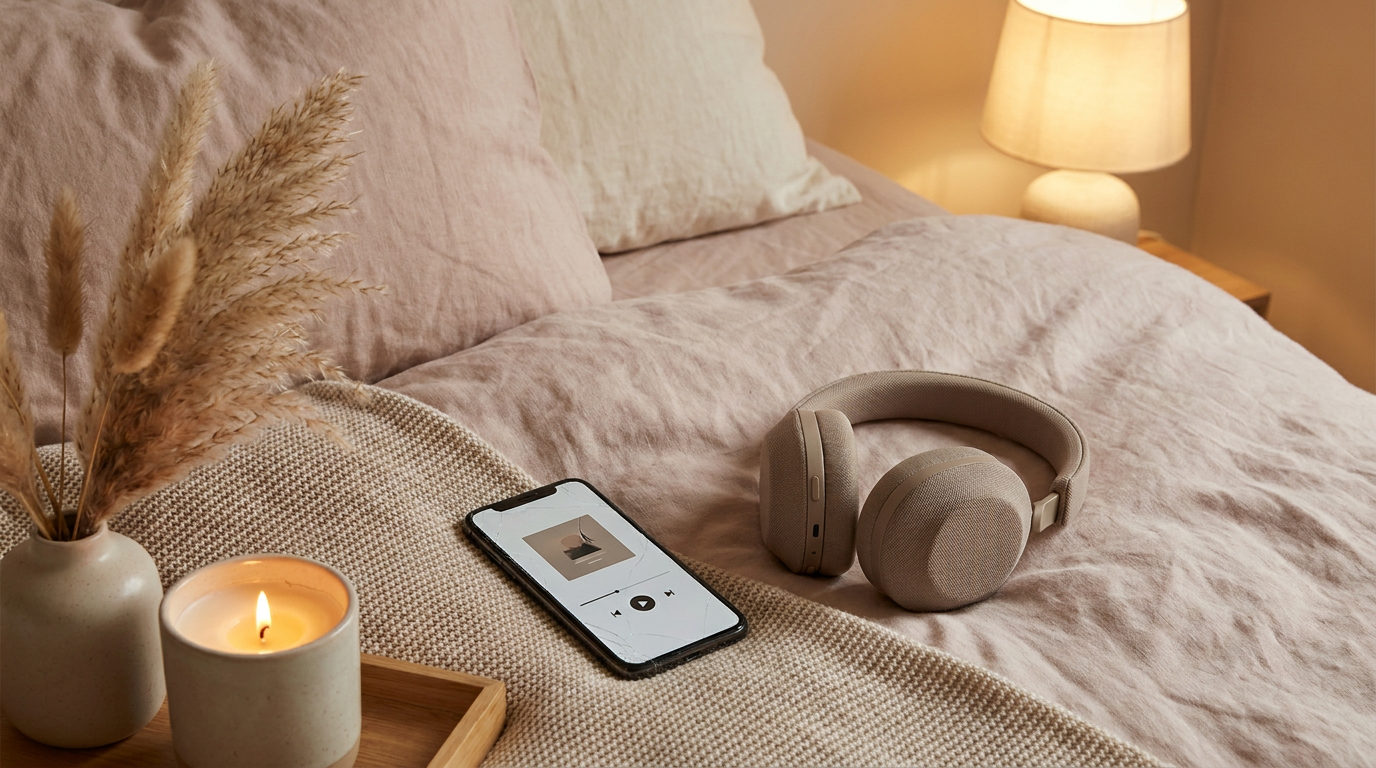 Smartphone mit Audio-Player und Kopfhörer – personalisierte Story von SoftSins