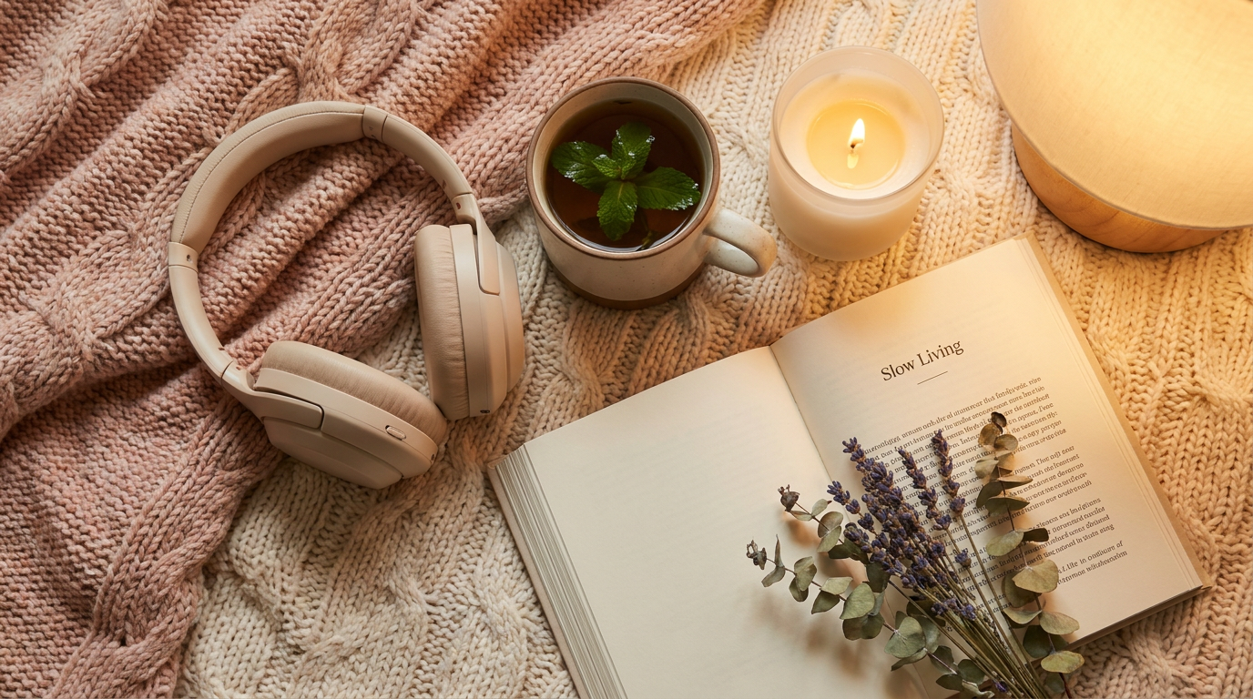 Kopfhörer, Kerze und Tee auf einer Decke – Audio-Wellness statt Emjoy-Abo