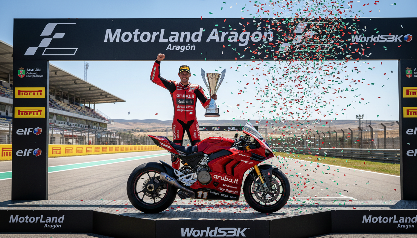 WorldSBK corrida no Motorland Aragón — palco do hat-trick de Bulega em 2026