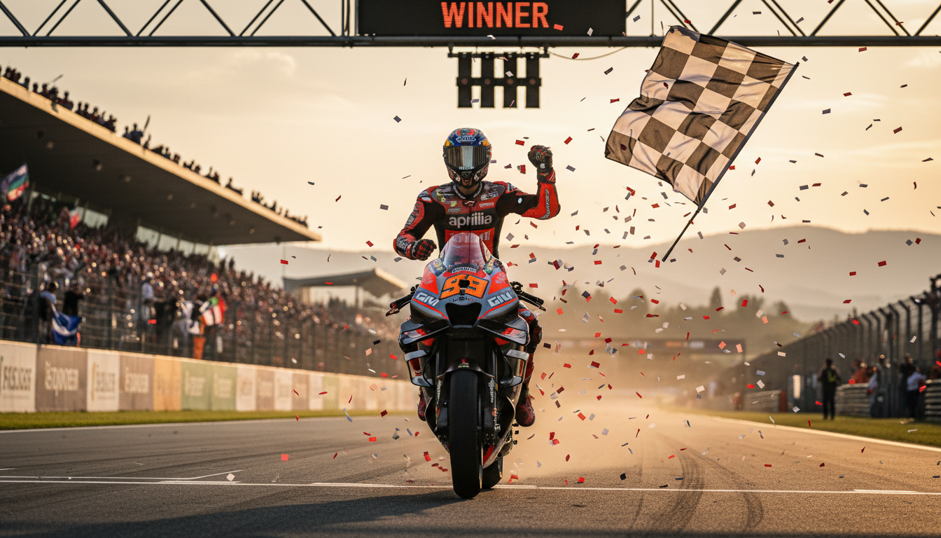 Jorge Martín #89 Aprilia cruzando linha de chegada GP Itália Mugello 2026 com bandeira quadriculada