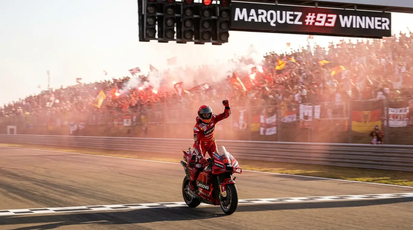 Marc Márquez #93 comemora a vitória em pé sobre a Ducati Lenovo no GP da Alemanha em Sachsenring