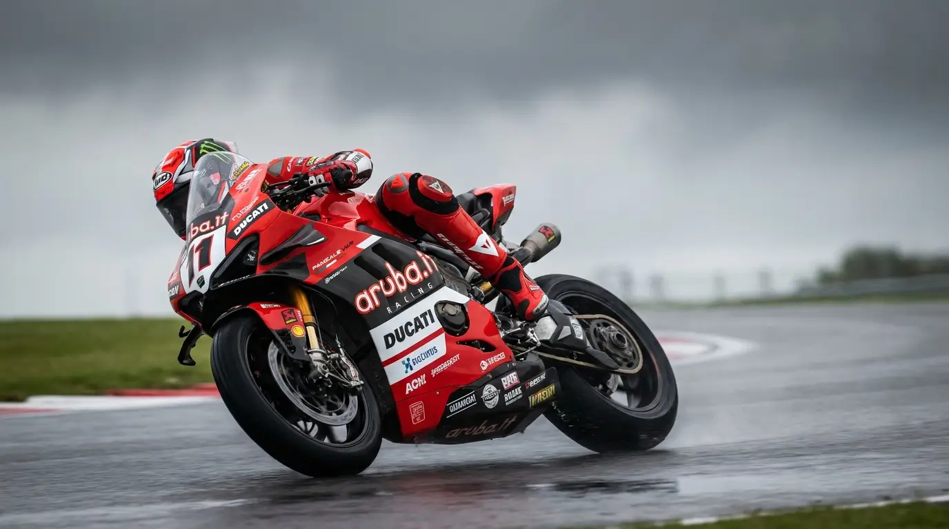 Nicolò Bulega #11 inclinado ao limite com a Ducati Panigale V4R da Aruba.it em Donington Park