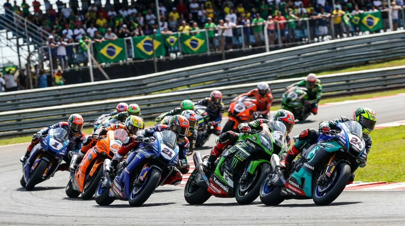 Pelotão de superbikes GP1000 disputando roda a roda no Autódromo de Cascavel, Paraná