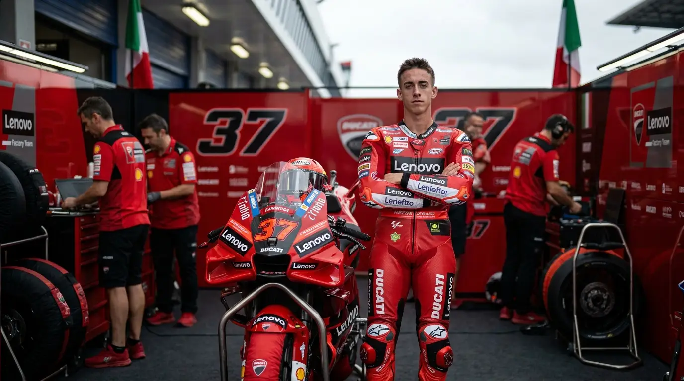 Pedro Acosta com o macacão da Ducati Lenovo de fábrica ao lado da Desmosedici GP no box da equipe