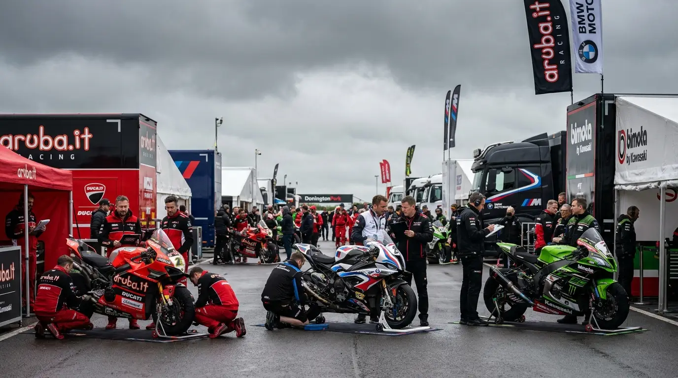 Superbikes de fábrica alinhadas no pit lane de Donington Park durante a temporada de transferências da WorldSBK