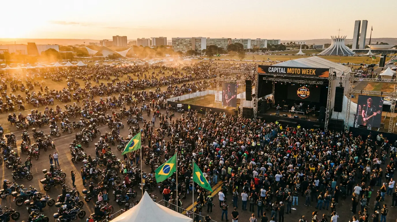 Milhares de motos reunidas na Capital Moto Week em Brasília ao pôr do sol