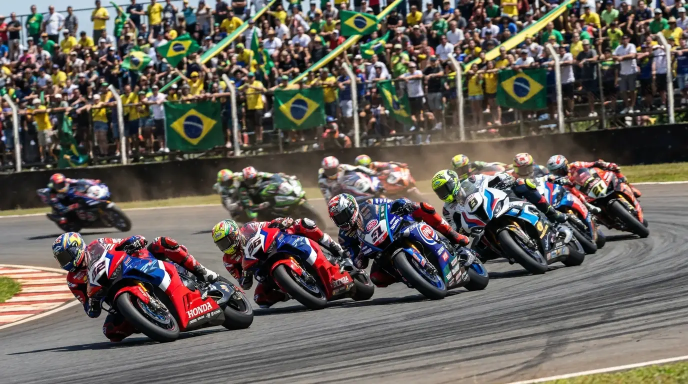 Pelotão de superbikes do MOTO1000GP disputando uma curva no Circuito dos Cristais, em Curvelo (MG)
